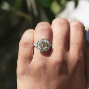 Yellow Old Mine Cushion Moissanite Halo Accent Ring