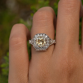 Yellow Old Mine Cushion Moissanite Halo Accent Ring