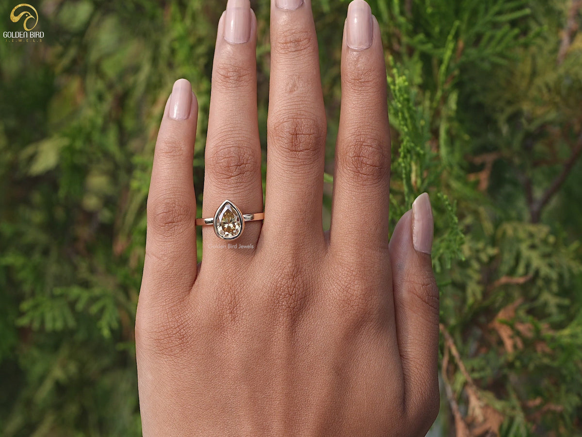 Yellow Pear Cut Moissanite Bezel Set Solitaire Ring
