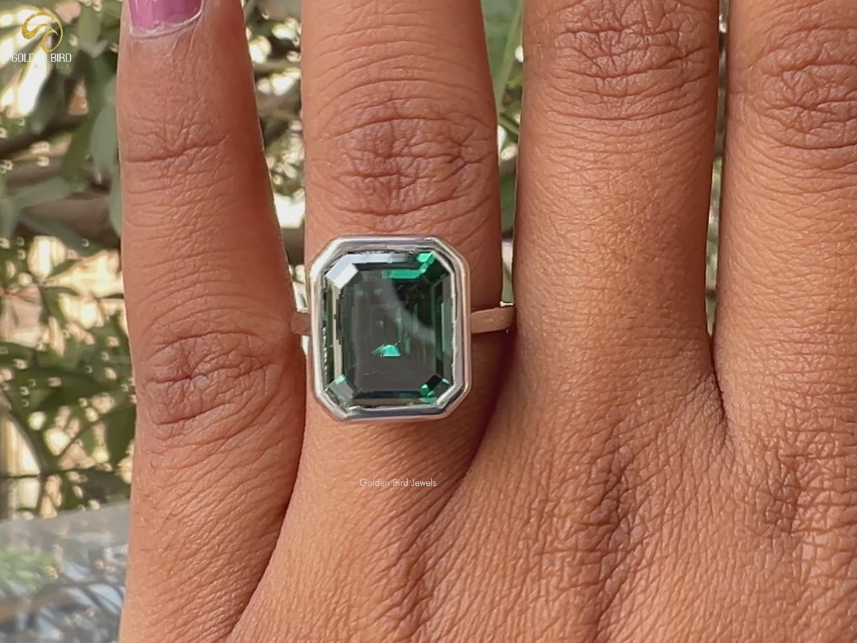 Dark Green Emerald Moissanite Solitaire Ring