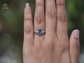 Blue Step Cut Oval Moissanite Three Stone Ring