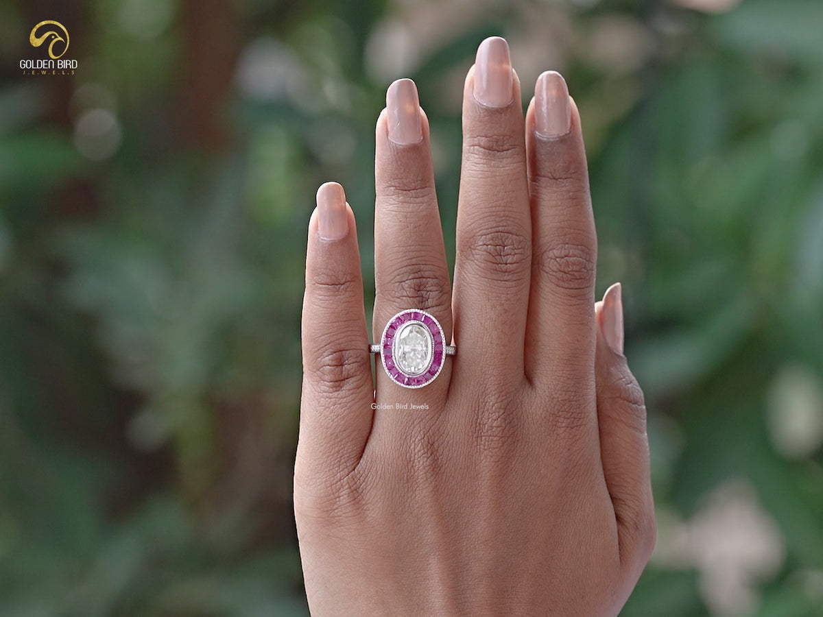 Crushed Ice Oval Moissanite Halo Engagement Ring