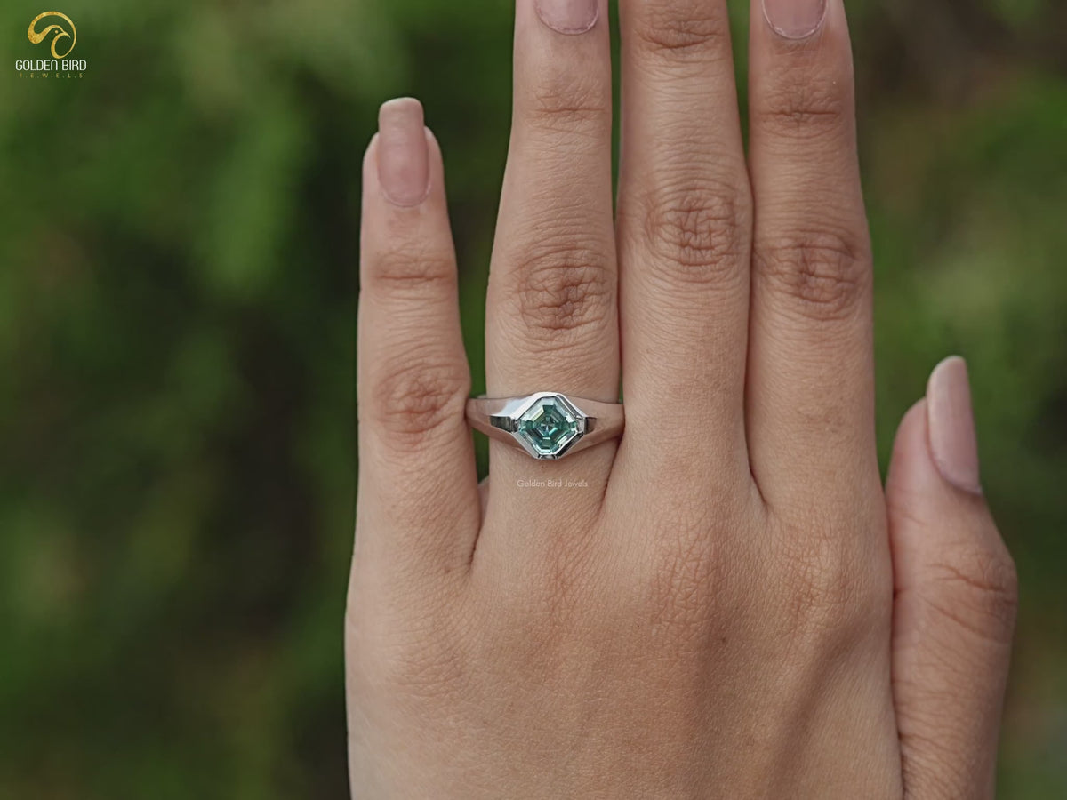 Blue Asscher Cut Moissanite Solitaire Ring