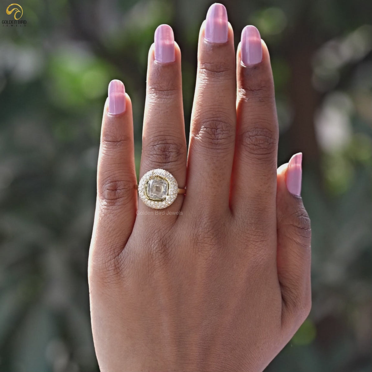 Mazarin Cut Moissanite Halo Engagement Ring