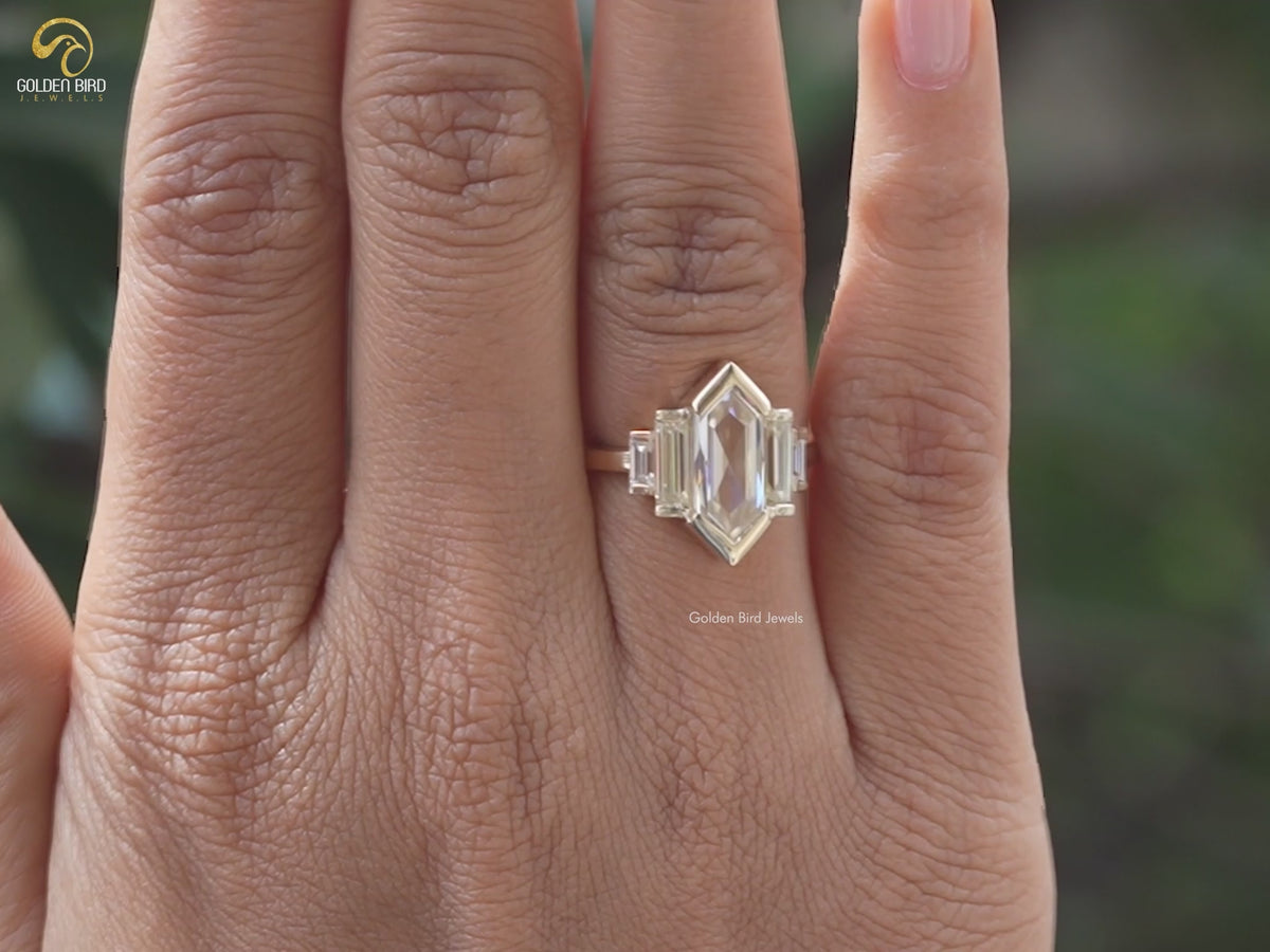 Elongated Hexagon Cut Moissanite Five Stone Ring