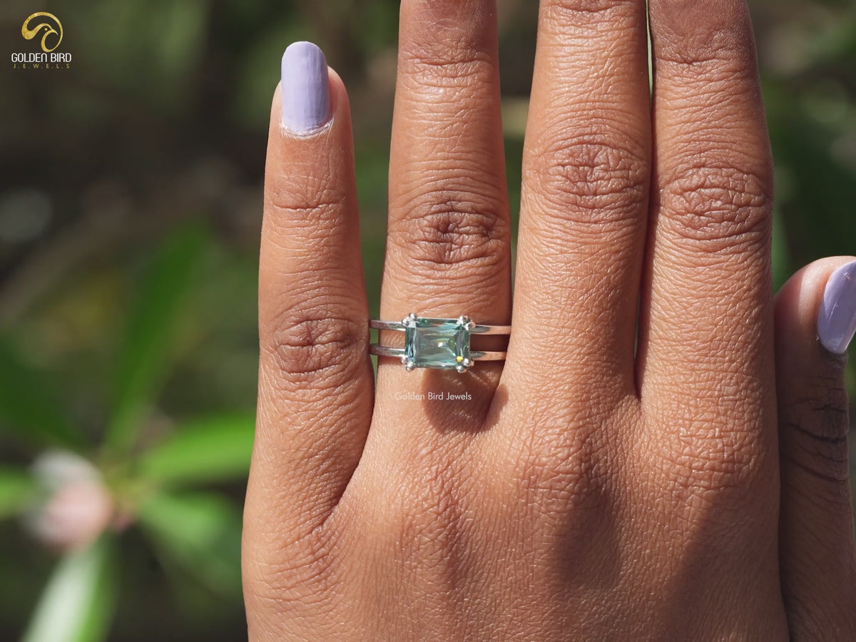 Blue Criss Cut Moissanite Solitaire Engagement Ring
