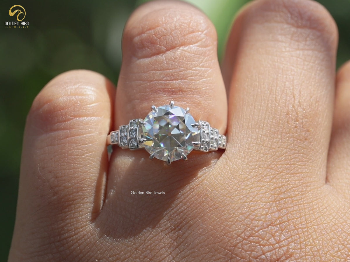 Old European Round Cut Accent Stone Moissanite Ring