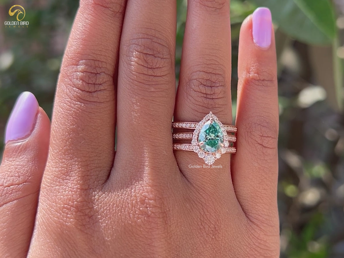 Blue Pear Cut Moissanite Wedding Ring Set