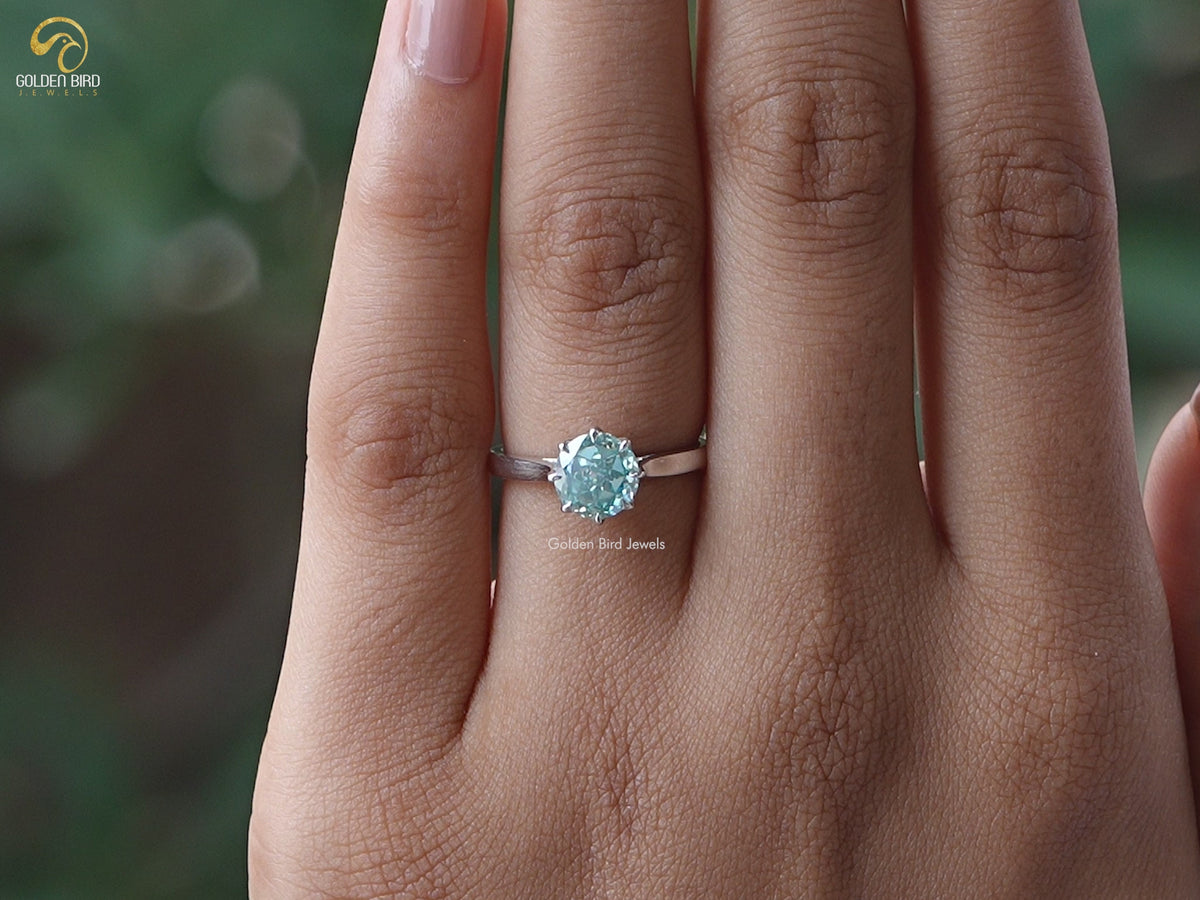 Cyan Blue Portuguese Round Cut Moissanite Ring