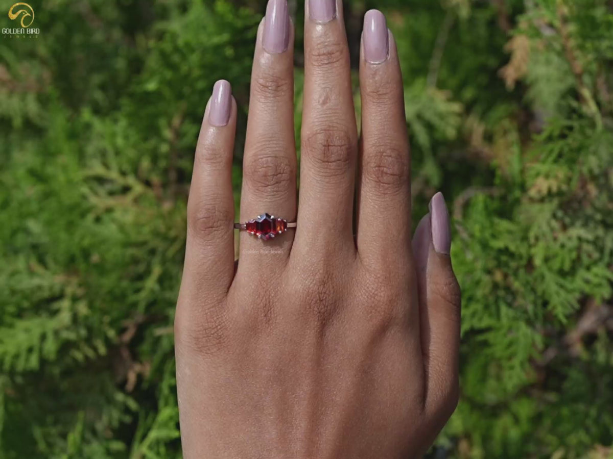 Red Ruby Hexagon Cut Gemstone 5 Stone Ring