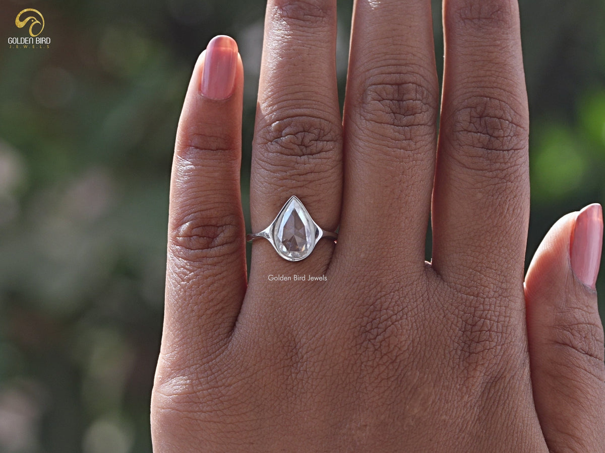 Rose Cut Pear Moissanite Bezel Set Ring