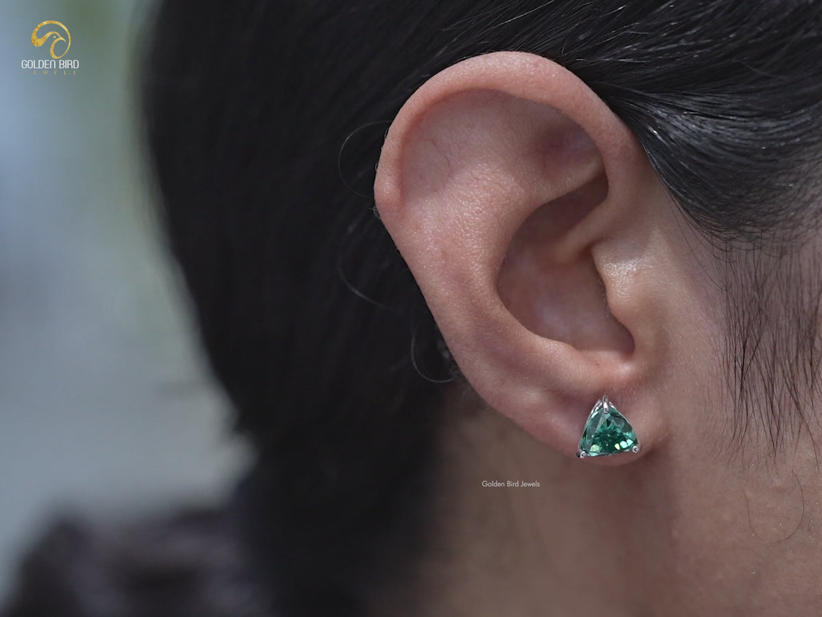 Dark Green Trillion Cut Moissanite Stud Earrings