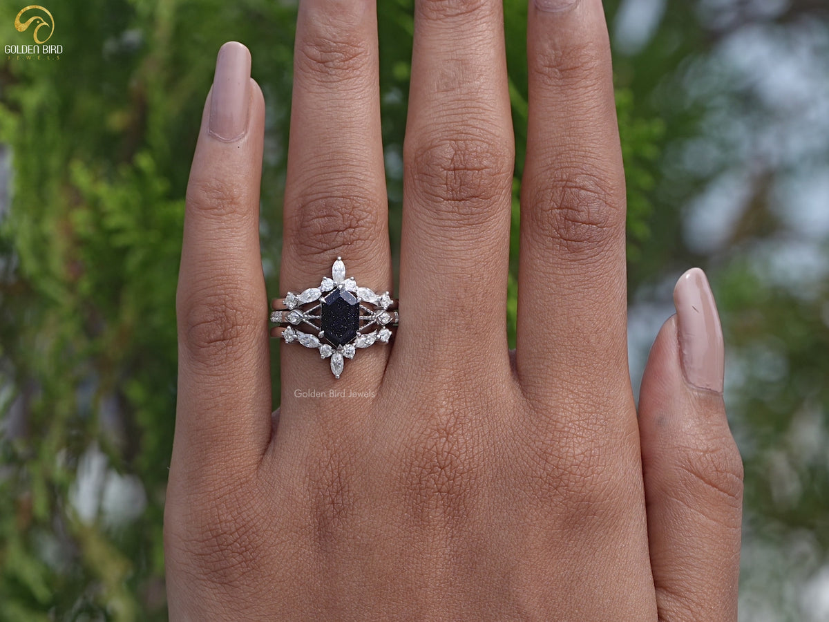Blue Hexagon Gemstone Bridal Ring Set
