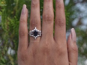 Blue Hexagon Gemstone Bridal Ring Set