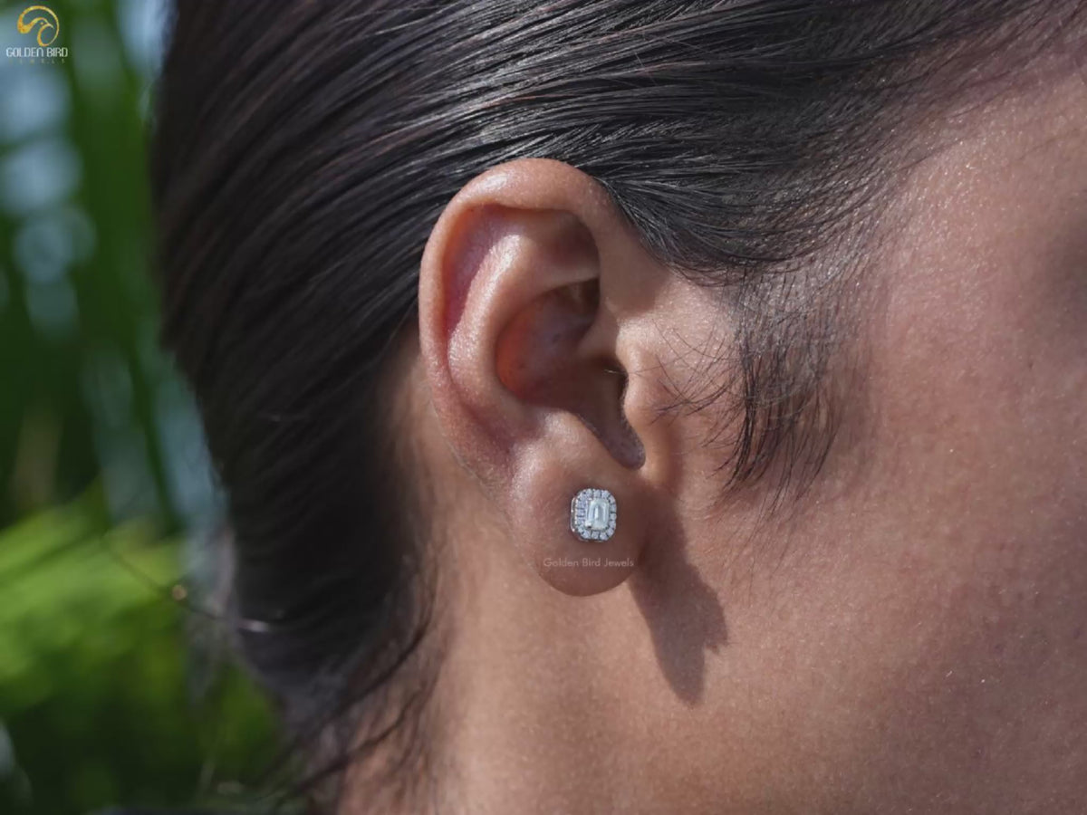 Emerald Cut Moissanite Halo Stud Earrings