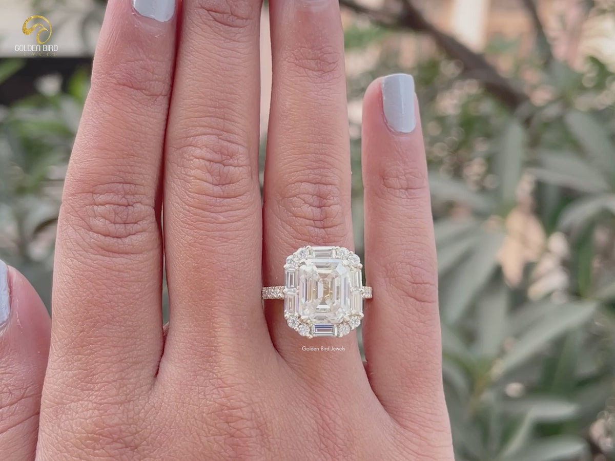 Emerald And Baguette Moissanite Halo Engagement Ring