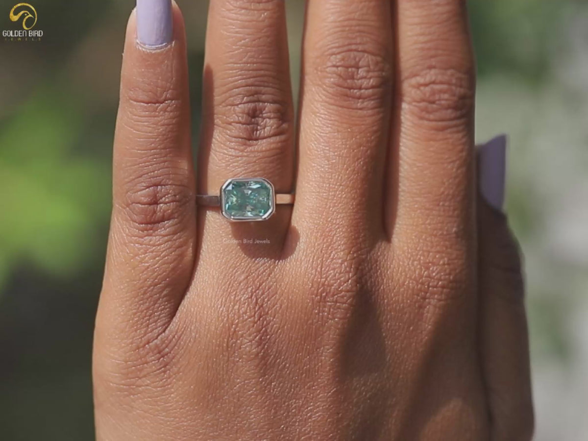 Blue Radiant Cut Moissanite Engagement Ring