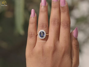 Sapphire Blue Oval Cut Halo Engagement Ring