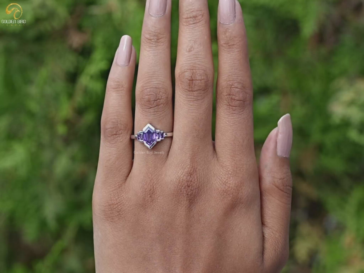 Purple Amethyst Hexagon Gemstone Bezel Ring