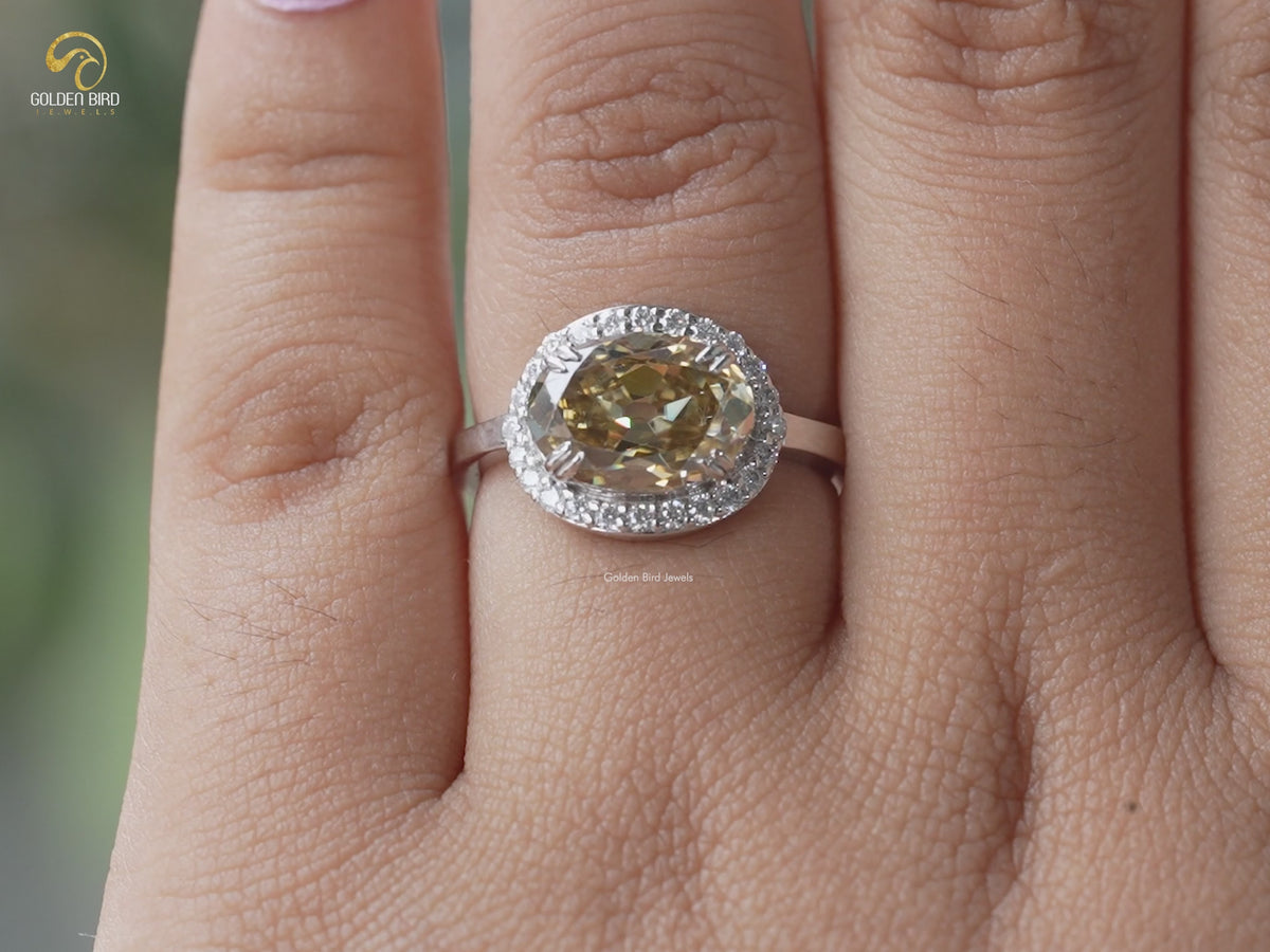 Old Mine Oval Cut East West Moissanite Halo Ring