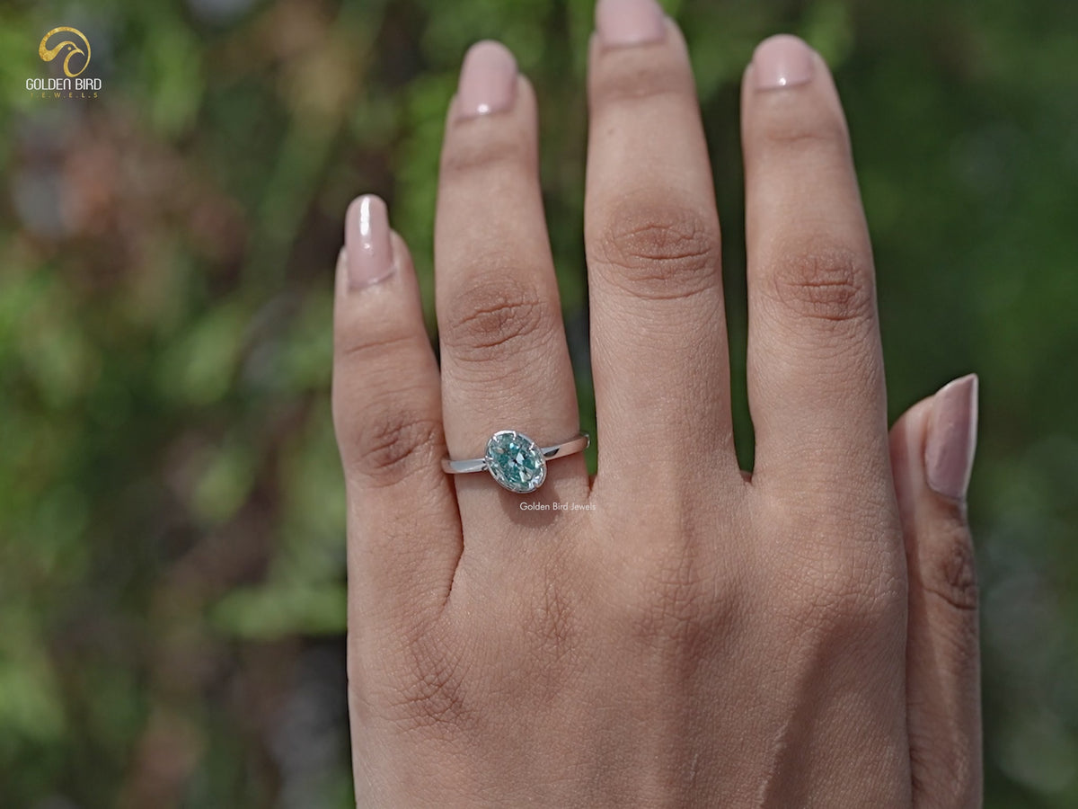 Blue Old Mine Oval Moissanite Solitaire Ring