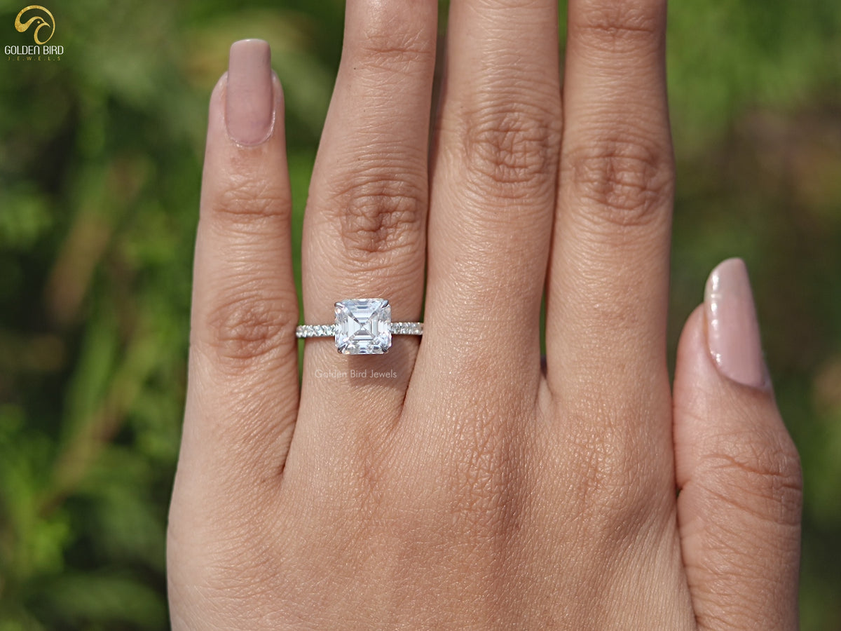 Asscher Cut Solitaire Moissanite Accent Ring