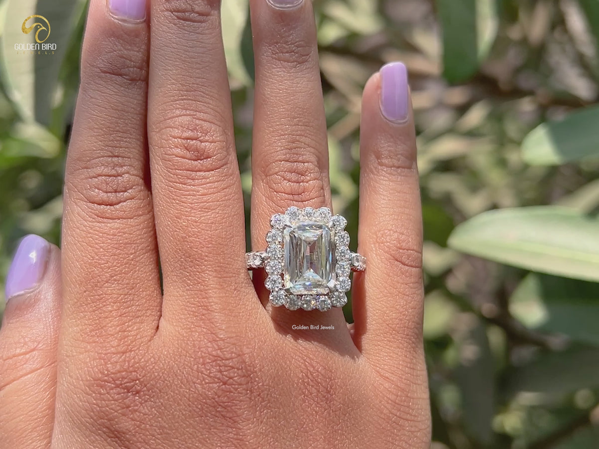 Colorless Criss Cut Moissanite Engagement Halo Ring