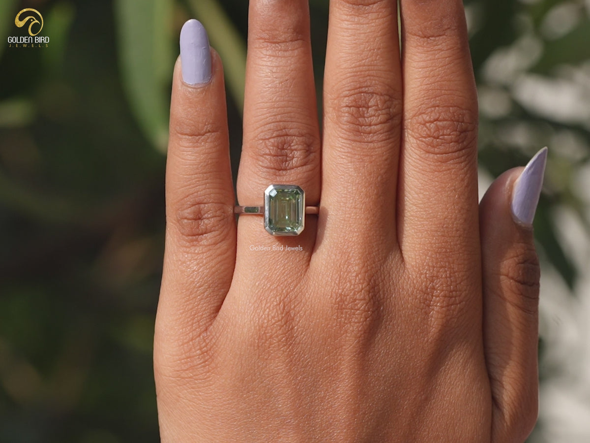 Emerald Cut Bezel Set Moissanite Solitaire Ring