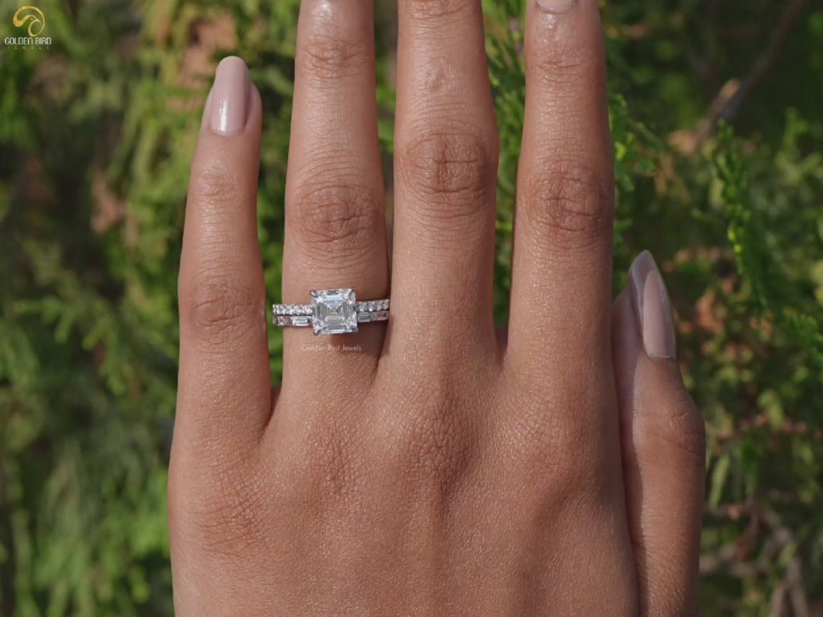 Square Emerald Lab Diamond Wedding Ring Set