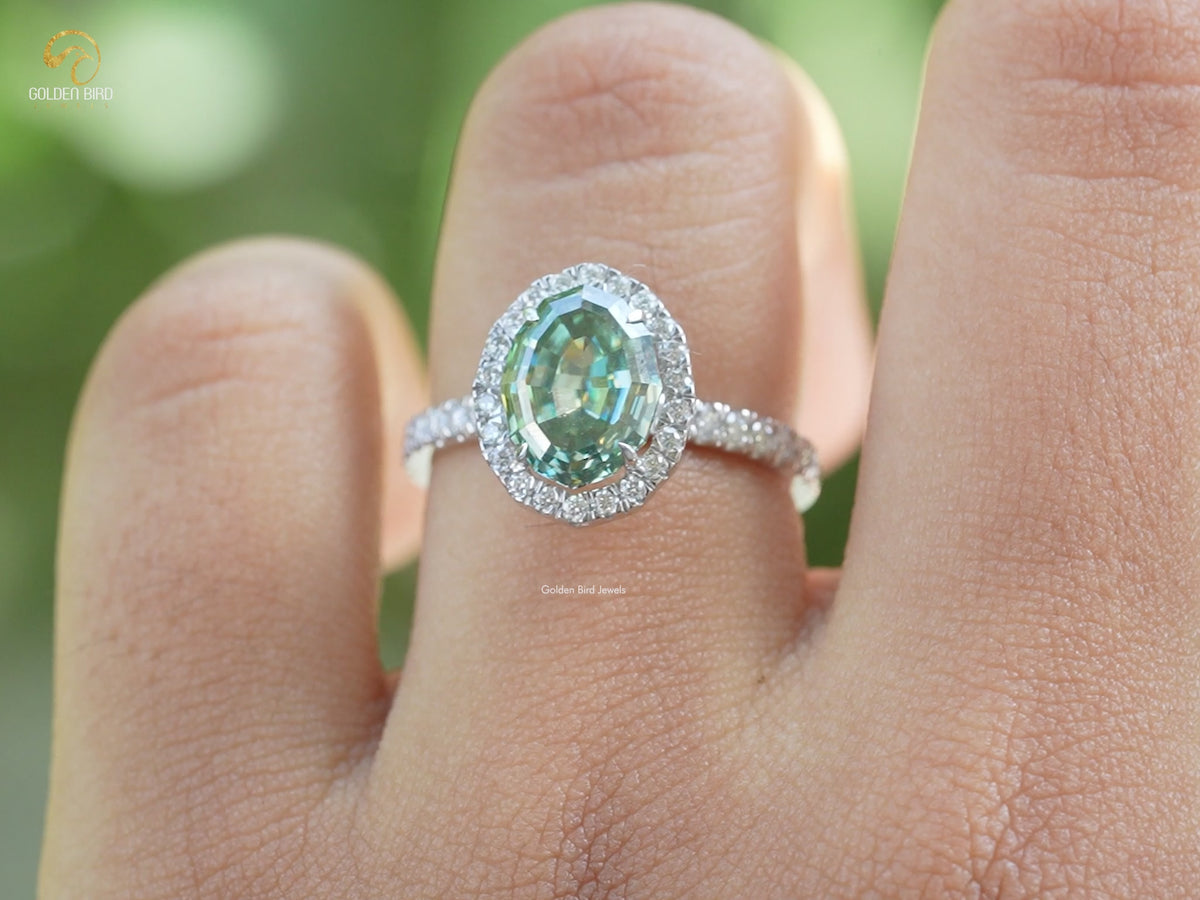 Dark Green Step Cut Oval Moissanite Halo Engagement Ring
