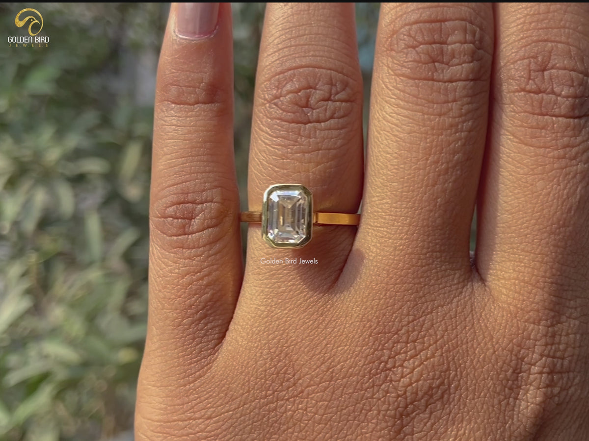 Emerald Cut Moissanite Bezel Set Engagement Ring