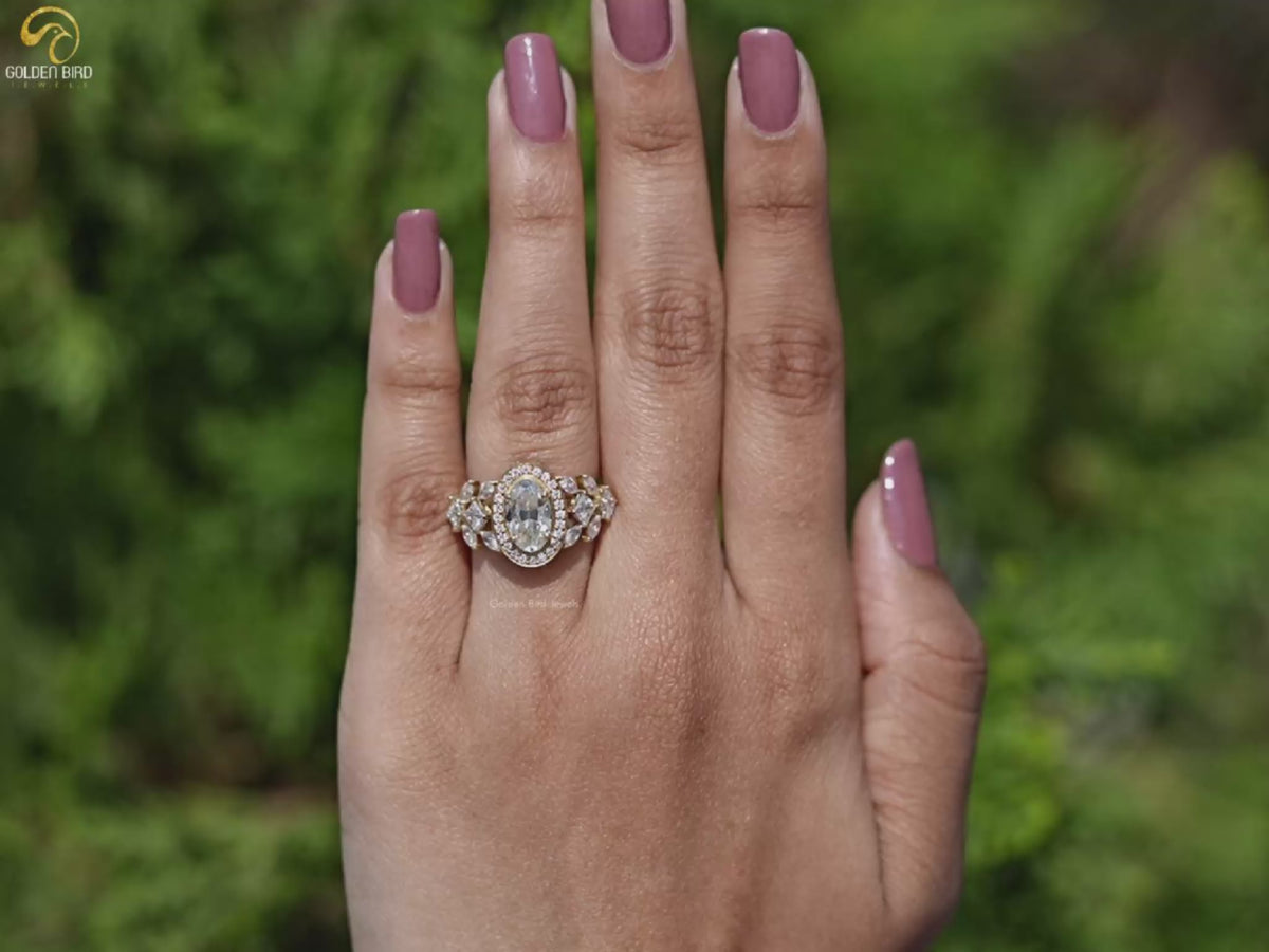 Old Mine Moval Cut Moissanite Halo Cluster Engagement Ring