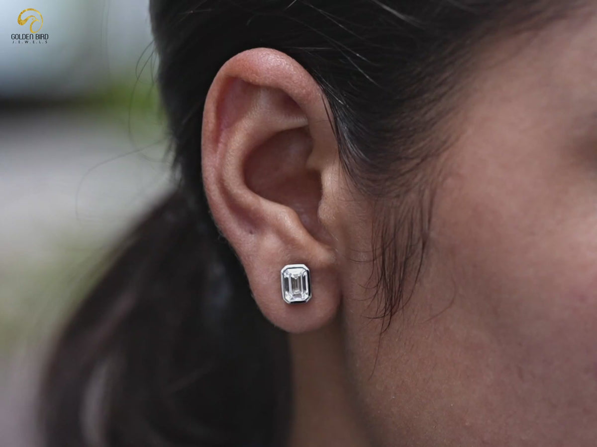 Emerald Cut Lab Diamond Bezel Set Stud Earrings