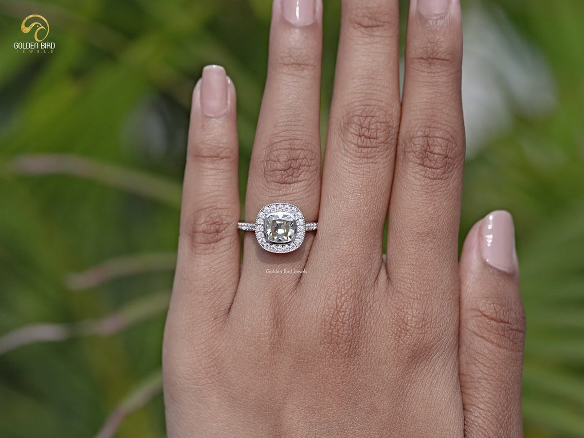 Moissanite Old Mine Cushion Halo Engagement Ring