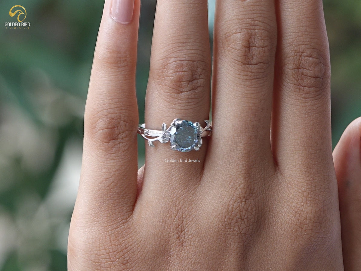 Blue Portuguese Cut Round Moissanite Ring