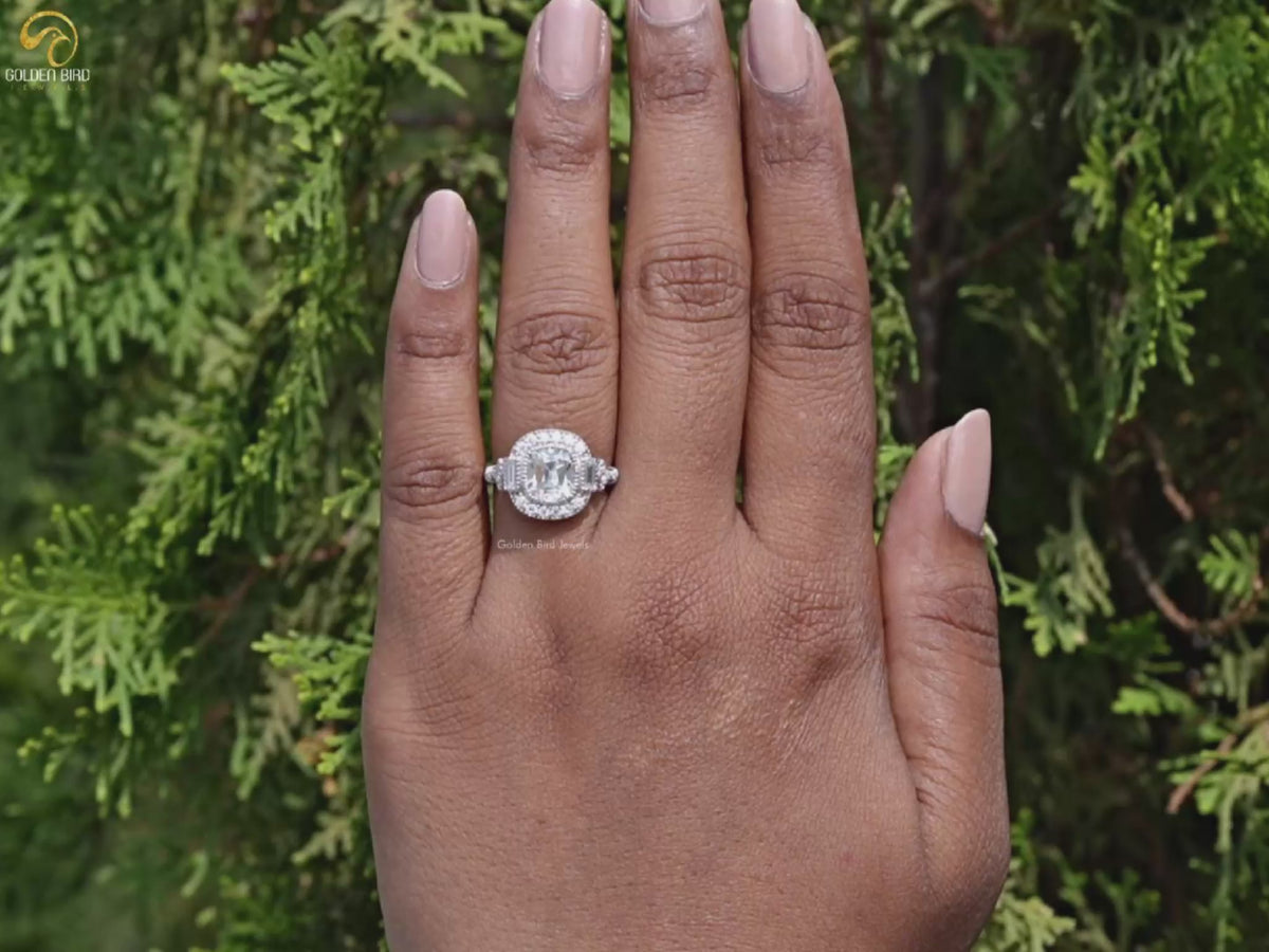 Old Mine Cut Cushion Moissanite Accent Halo Ring