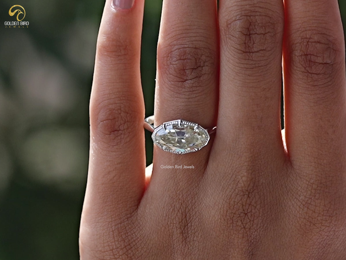East West Old Mine Moval Moissanite Solitaire Ring