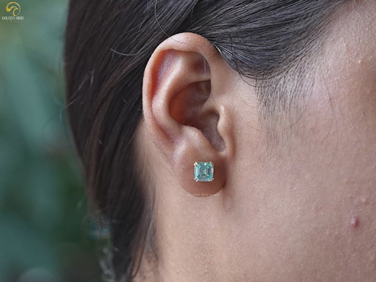 Blue Asscher Moissanite Solitaire Stud Earrings