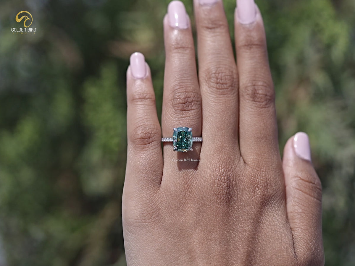 Elongated Cushion Cut Moissanite Hidden Halo Ring