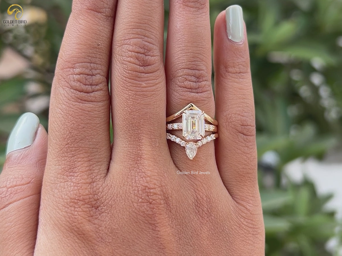 Emerald Moissanite Bridal Trio Ring Curved Band Set