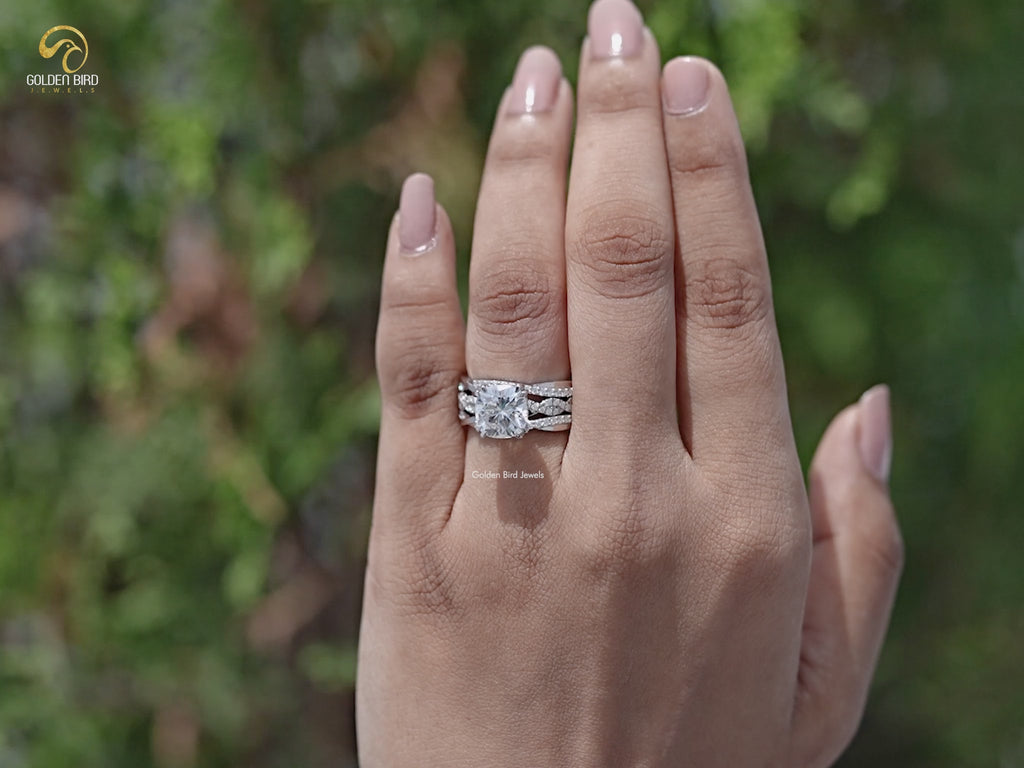 You tube Video of Cushion Cut Moissanite Accent Bridal Ring Set