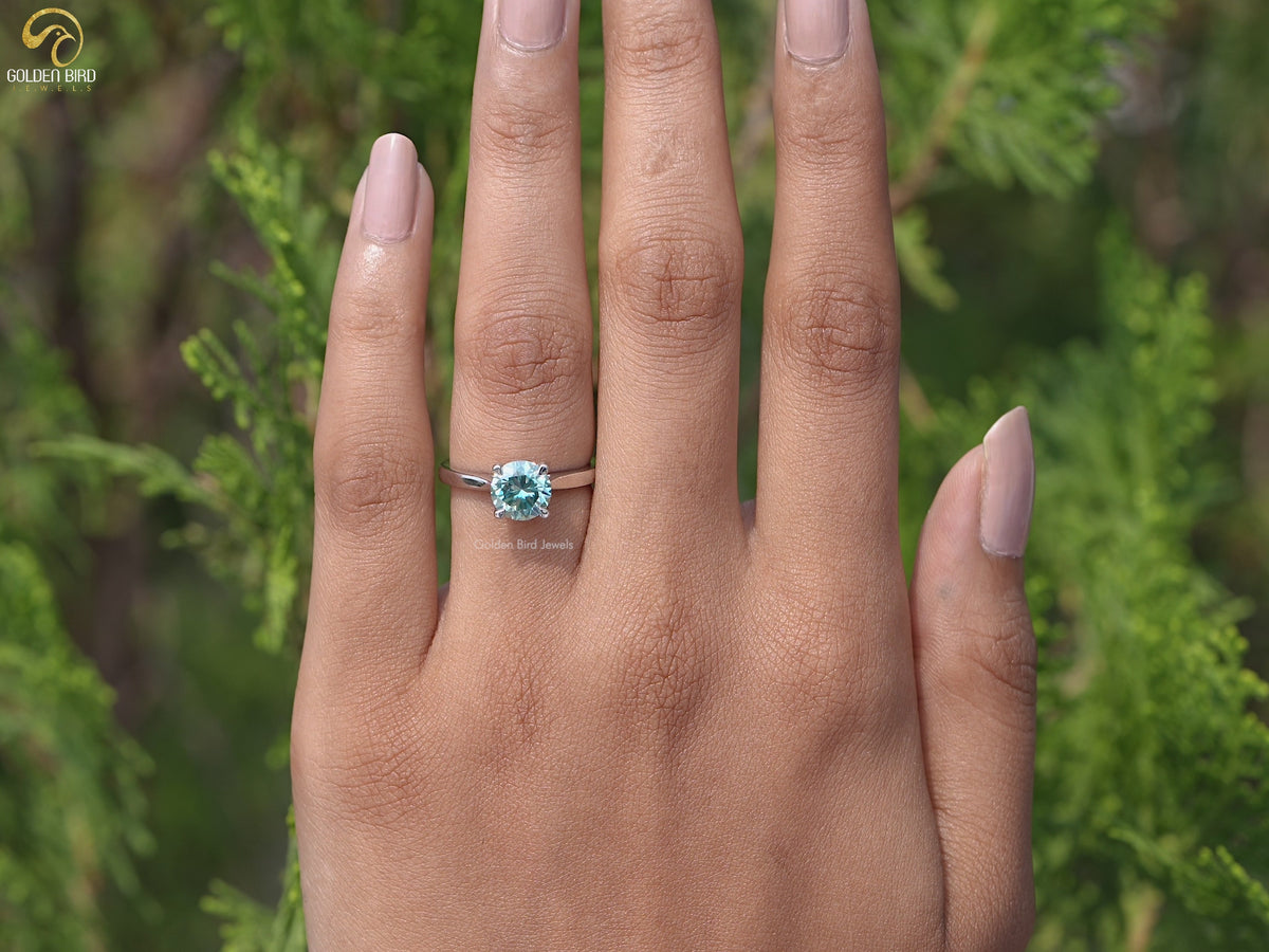 Blue Green Round Moissanite Solitaire Ring