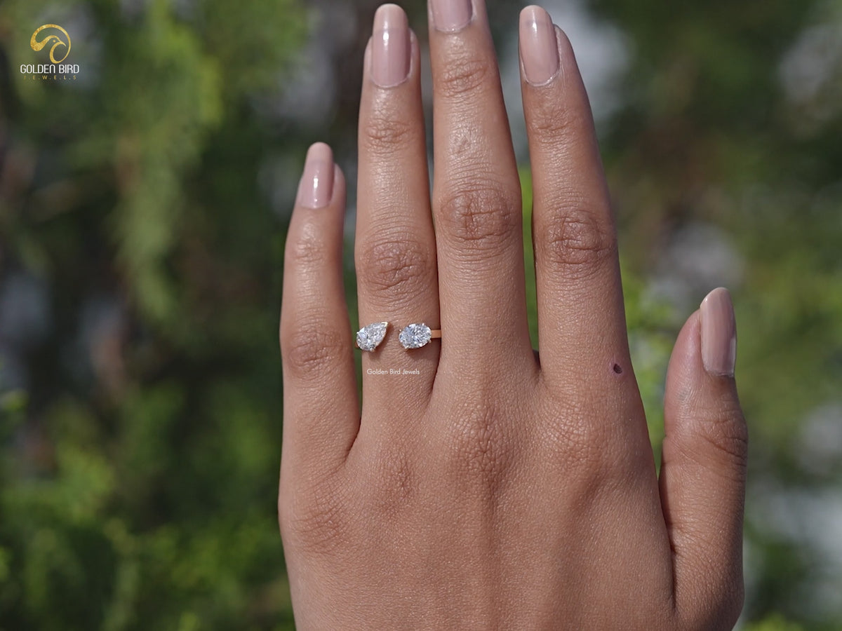 Open Cuff Pear And Oval Lab Diamond Two Stone Ring