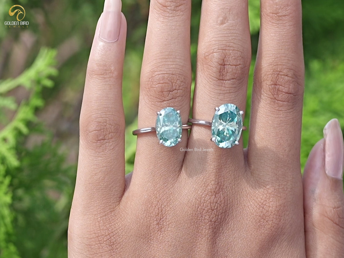 Blue Green Oval Moissanite Solitaire Ring