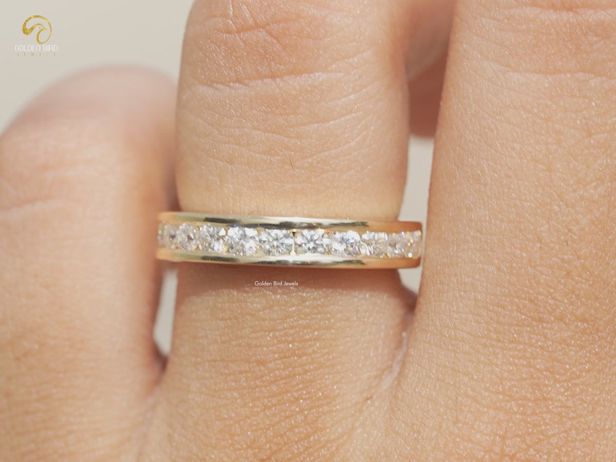 Lab Diamond Round Cut Half Channel Set Wedding Band