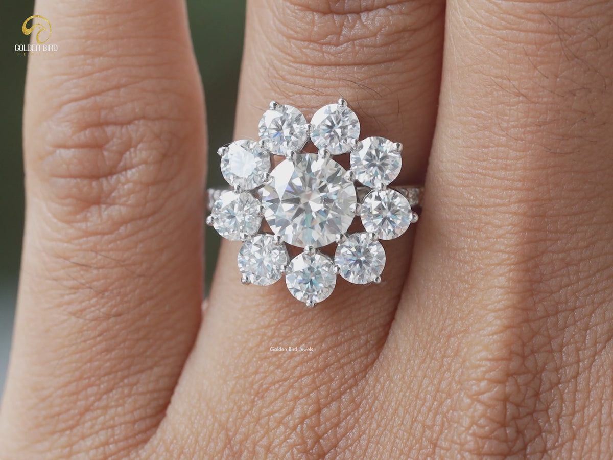 Round Cut Moissanite Floral Halo Engagement Ring