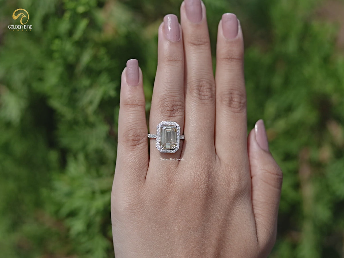 Emerald Moissanite Halo Engagement Ring