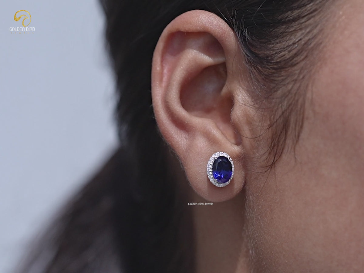 Oval Cut Lab Gemstone Halo Stud Earrings