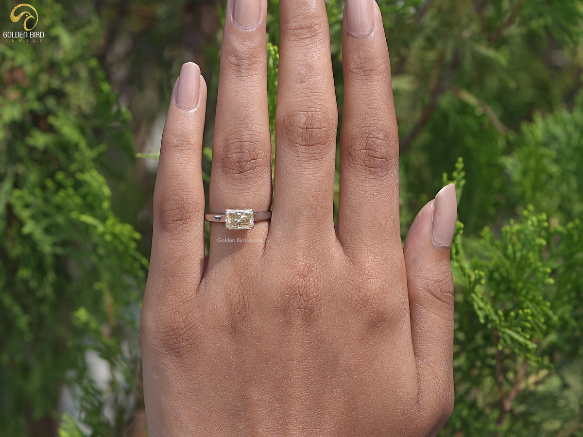 East West Yellow Radiant Moissanite Solitaire Ring