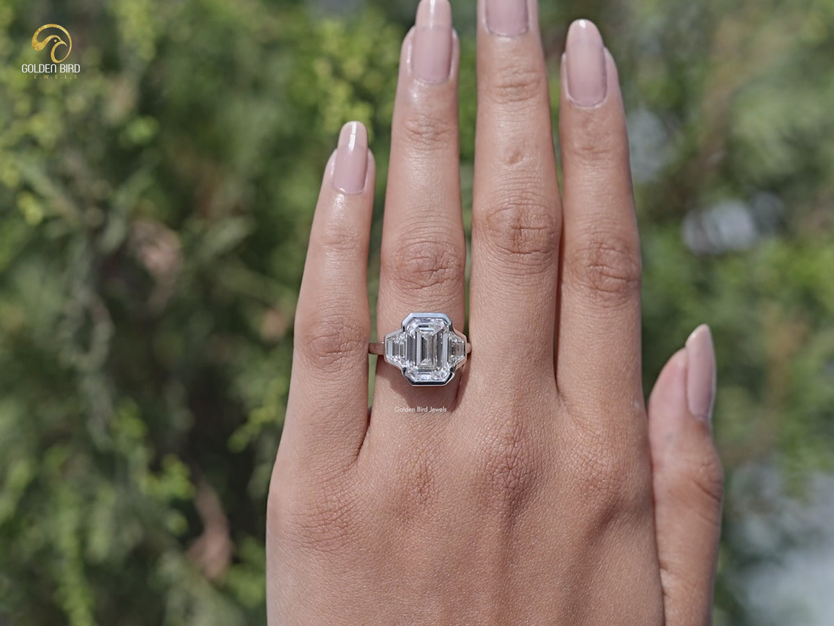 Bezel Set Emerald Cut Lab Diamond Three Stone Ring